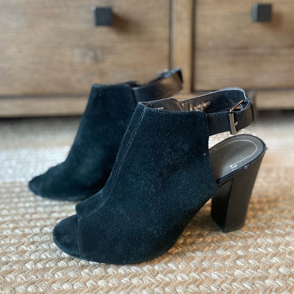 Tahari Open Toe Black Suede Margaret Heeled Booties